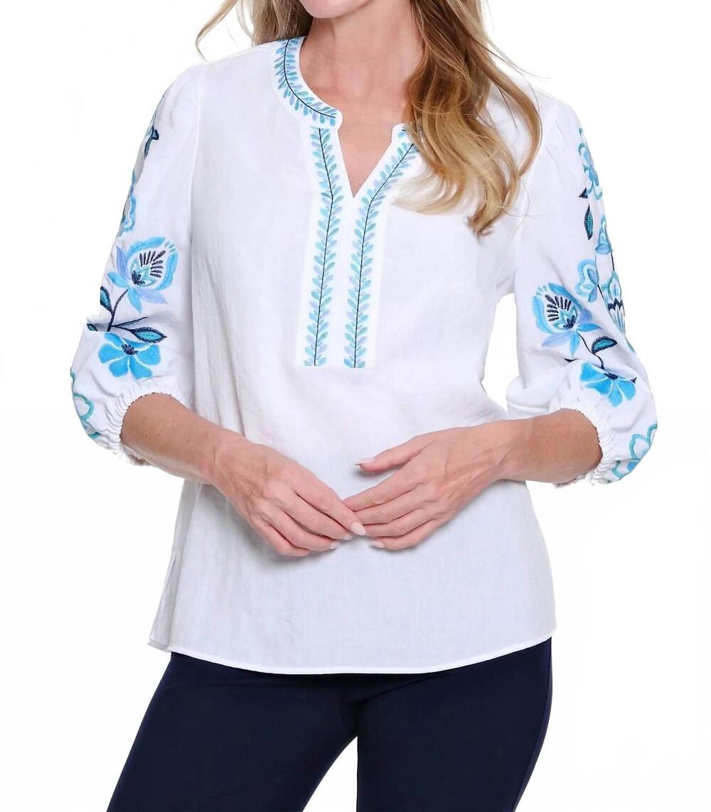 NEW MULTIPLES embroidered notch-neck woven top in multi